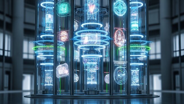 Futuristic cylindrical display case with holograms and vibrant neon lights - Powered by Adobe