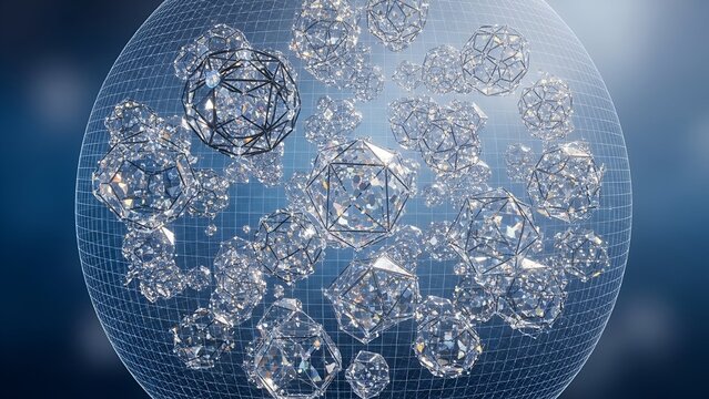 Geometric crystalline shapes floating within a wireframe sphere, abstract blue background