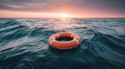 Fototapeta premium Orange life preserver floats on the ocean at sunset, a symbol of hope and safety