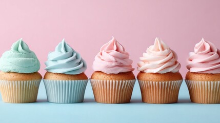 Delicious cupcakes with colorful frosting on a pink and blue background