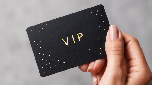 A hand holding a black VIP card with gold lettering and decorative dots.
