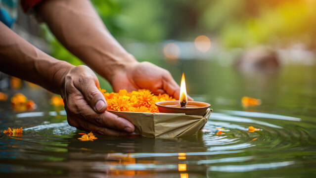 Floating diya offering on river, marigold flower boat in leaf bowl, hands performing ritual on water, prayer for prosperity, full moon observance, Kartik Purnima ceremony, devotion, twilight