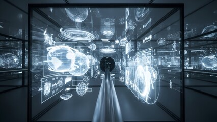 Futuristic tunnel displaying data projections with a sense of depth and innovation