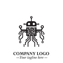 Circuit Robot Logo Symbol in Black on the White Background with Futuristic Tech Design
