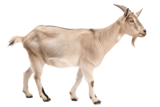 An adorable young beige or cream goat standing with right side view isolated and generated with AI in png file format