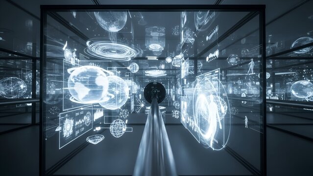 Futuristic tunnel displaying data projections with a sense of depth and innovation
