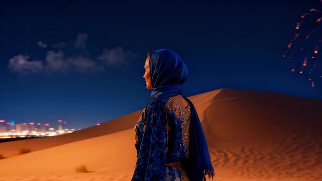 Camera orbiting young woman in traditional Arabian dress - abaya stands on the mounting at the desert and looks on the fantastic fireworks show 