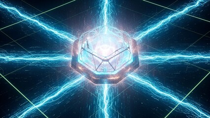 Glowing geometric shape with electricity, radiating energy, on a dark blue background