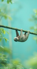 Naklejka premium Tropical Nature Tranquility: Adorable Sloth (Bradypus) Against a Soft, Blurred Green Backdrop