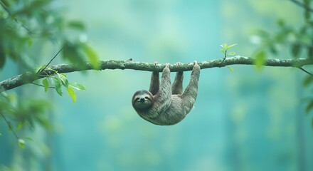 Naklejka premium Sublime Animal Portrait: Sloth Clinging to a Branch with Long Claws and a Gentle Expression