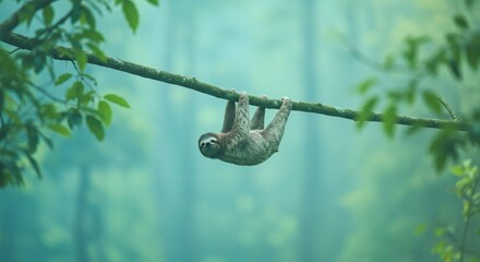 Naklejka premium Tropical Nature Scene: Adorable Sloth (Bradypus) Relaxing on a Horizontal Tree Branch