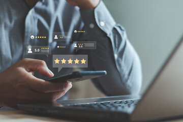 Businessman using smartphone with various customer satisfaction ratings 5 stars, representing online review management and feedback customer service survey, business analysis technology.