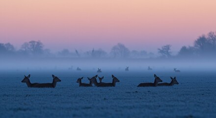 Naklejka premium Eerie Tranquility: Silhouette of Deer Resting in a Heavy Ground Mist at Twilight