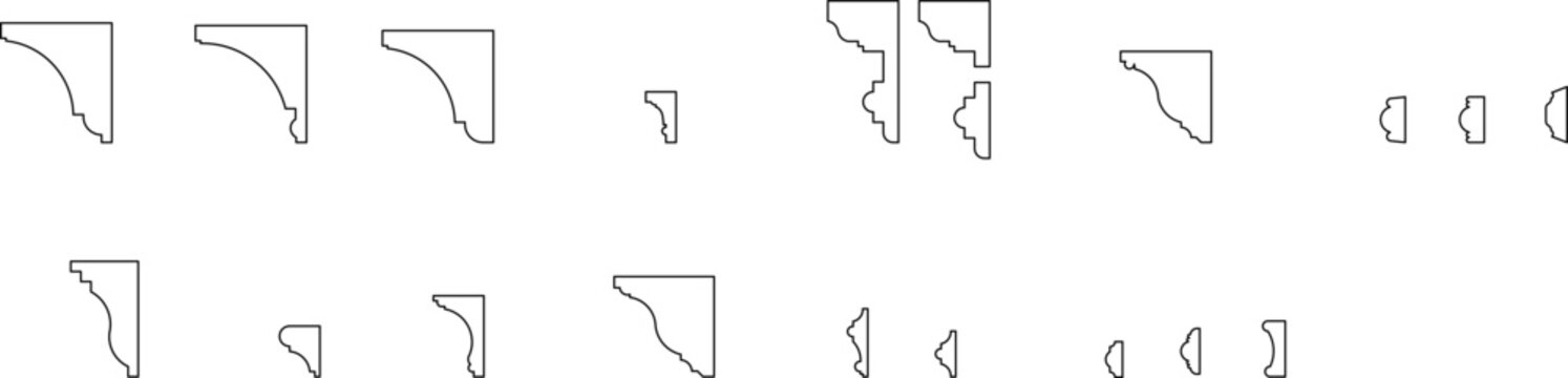 Minimalist line art of various cornice and architectural molding profiles &mdash; ideal for interior design, architectural visualization, or decorative graphic projects