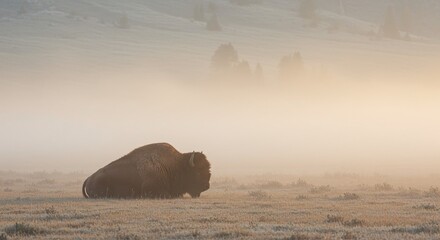 Atmospheric Solitude: American Bison Resting in a Misty Golden Meadow at Sunrise