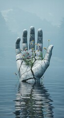 Minimalist Fantasy Landscape: Ancient Sculpture in Water with Daisy Wildflowers