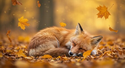 Peaceful Slumber: Wild Red Fox Curled Up Asleep Among Golden Autumn Leaves