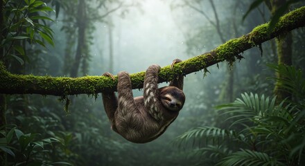 Slow Living: Peaceful Sloth Sleeping or Resting in the Lush, Misty Green Jungle