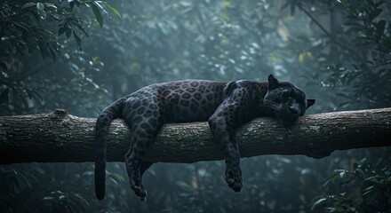 Sublime Animal Solitude: Dark Feline Relaxing on a Horizontal Branch in Low Light