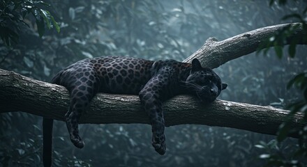 Majestic Black Leopard (Melanistic Leopard) Sleeping in a Tropical Jungle Canopy