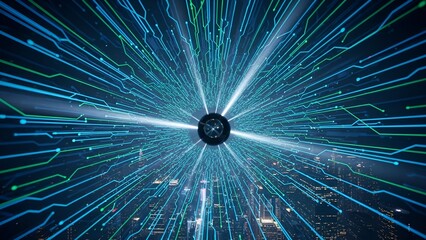 Futuristic digital data flowing through a network with a central hub, cityscape background