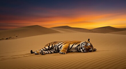 Vibrant Contrast: Orange and Black Striped Tiger on Golden Sand with Ripples
