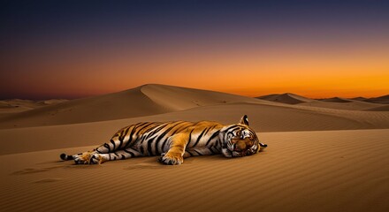 Surreal Solitude: Majestic Tiger Sleeping on Desert Dunes Under a Dramatic Sunset Sky