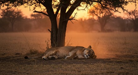 Animal Solitude: Quiet Moment of a Lioness Napping in Warm, Golden Light