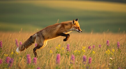 Vibrant Golden Hour Landscape with a Wild Fox Silhouetted in Motion