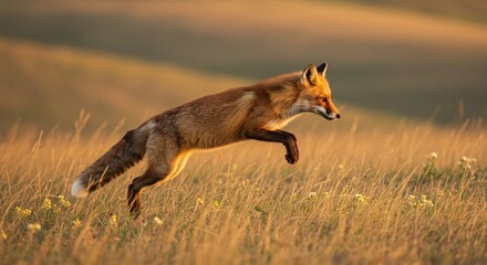 Dynamic Wildlife Scene: Majestic Fox Leaping Over Purple and Yellow Wildflowers