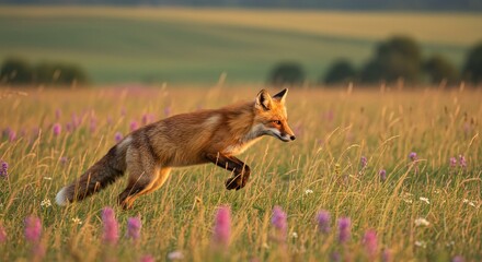 Red Fox in Mid-Air Pounce Hunting in a Summer Meadow at Golden Hour