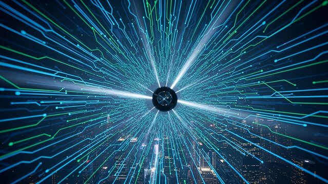 Futuristic digital data flowing through a network with a central hub, cityscape background