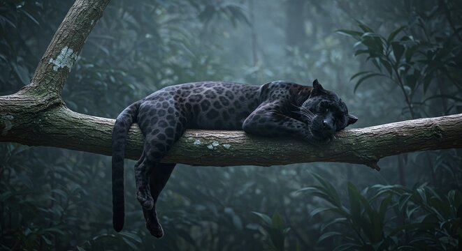 Intimate Wildlife: Black Panther Resting on a Tree Branch in a Dark, Misty Rainforest