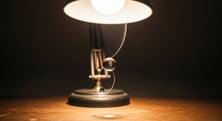 Illuminated desk lamp with a glass ball pendulum; warm light on wooden surface