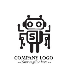 Circuit Robot Logo Symbol in Black on the White Background with Futuristic Tech Design
