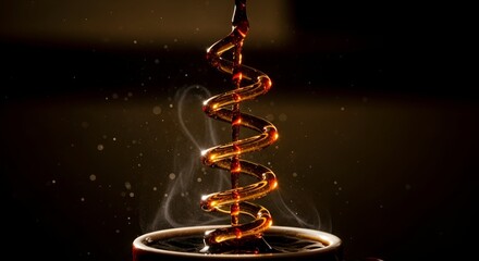 Close-up of coffee being poured into a mug, creating a spiral and steam effect