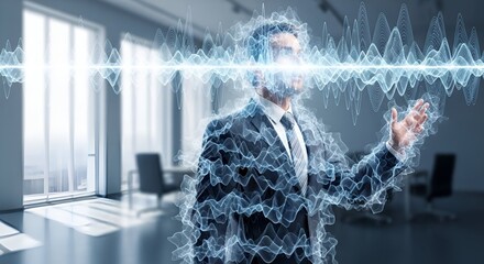 Man with glowing digital waves in an office setting. Futuristic tech theme