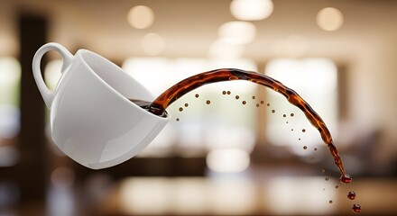 A white coffee mug tipped over, brown liquid flowing in an arc, blurred interior