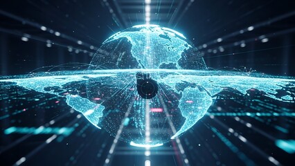 Digital world map with glowing lines and points symbolizing connectivity. Data streams visualized