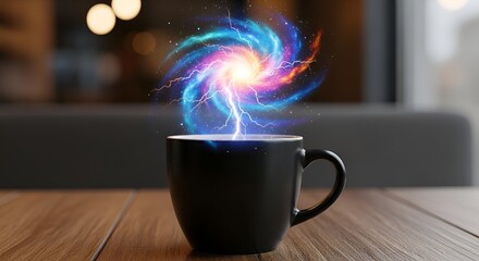 Surreal coffee cup with swirling energy and lightning bolts above, on a wood table