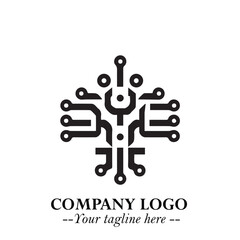 Circuit Robot Logo Symbol in Black on the White Background with Futuristic Tech Design
