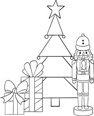 Christmas vector illustration with Christmas tree, nutcracker and gift boxes