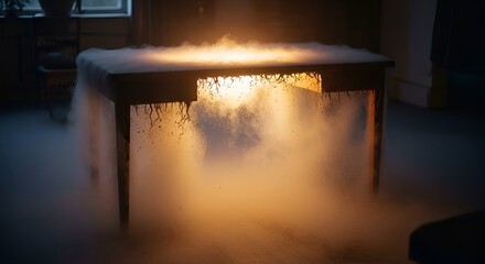 A wooden table engulfed in a cloud of vapor or smoke, with bright light emanating from within