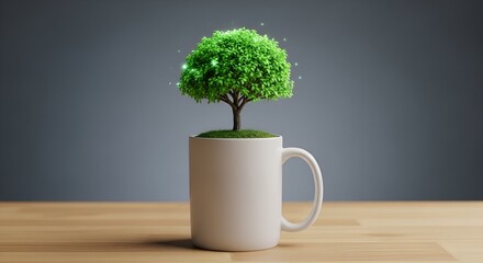 A small tree with green leaves growing inside a white coffee mug, placed on wood