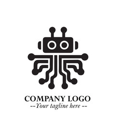 Circuit Robot Logo Symbol in Black on the White Background with Futuristic Tech Design
