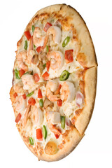 Seafood pizza with spices isolated on white background and generated with AI