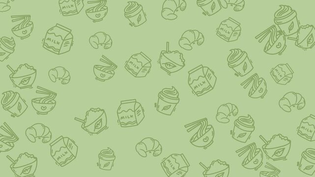 Charming seamless pattern of coffee cups, pastries, and croissants on a soft green background, perfect for food-themed designs and culinary projects.