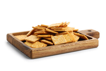 Wooden board with tasty crackers on white background