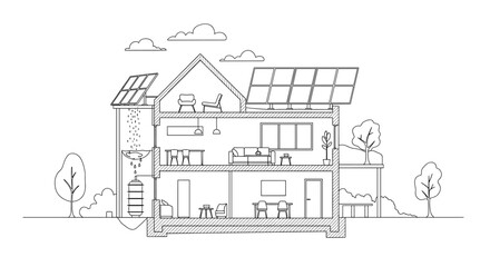Naklejka premium Sustainable living design showcasing energy efficient home with solar panels and rainwater harvesting for eco conscious modern lifestyle and architectural plans