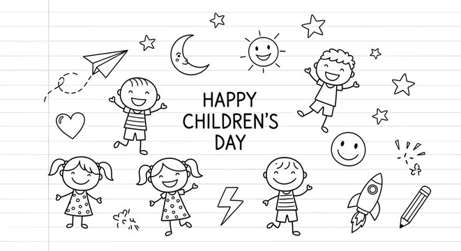 Celebrate Happy Children's Day with playful line art doodles of kids, stars, rockets, and smiles for joyful designs and heartwarming greetings